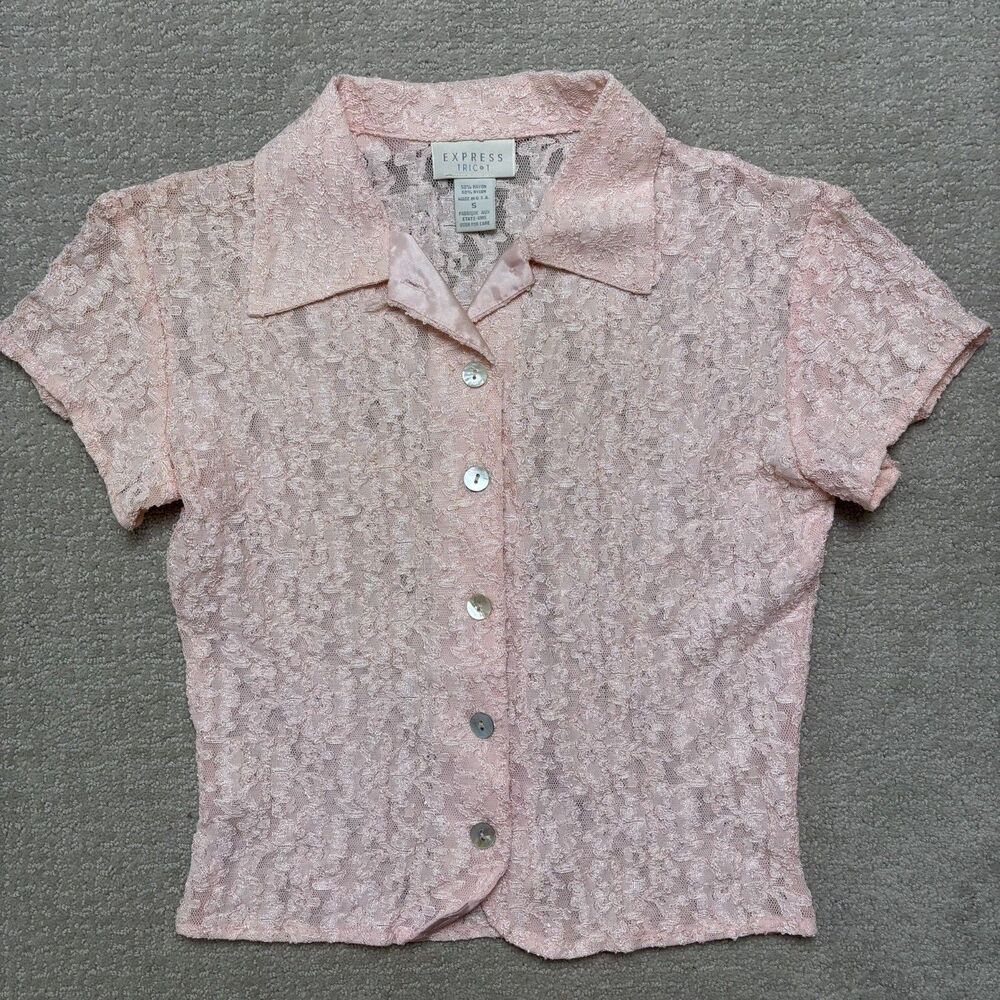 VTG 90s Y2K Express Tricot Sheer Pink Lace Shirt Fairy Coquette Romantic Sz S